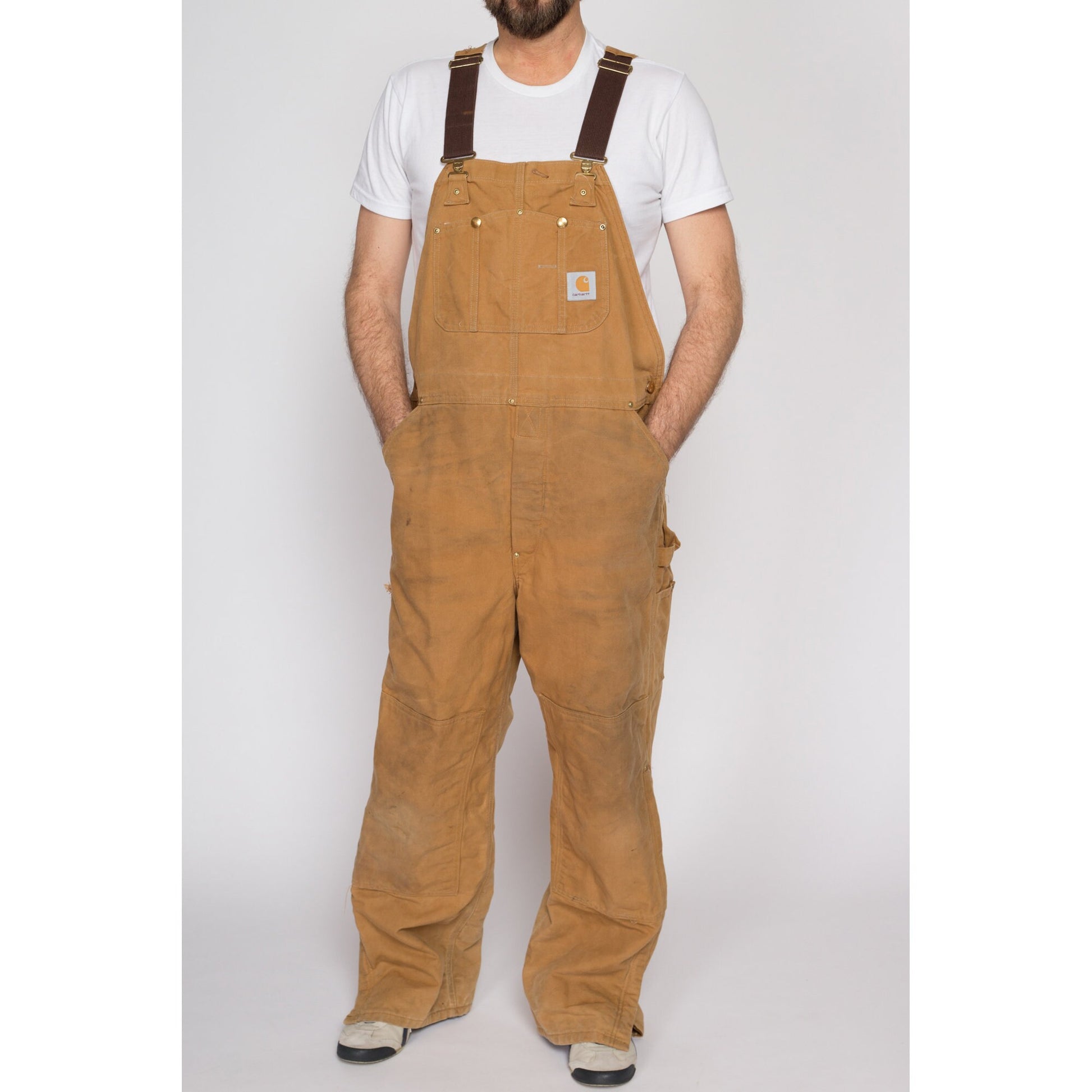 XL Vintage Carhartt Tan Insulated Overalls | 90s Quilt Lined Duck Canvas Workwear Jumpsuit