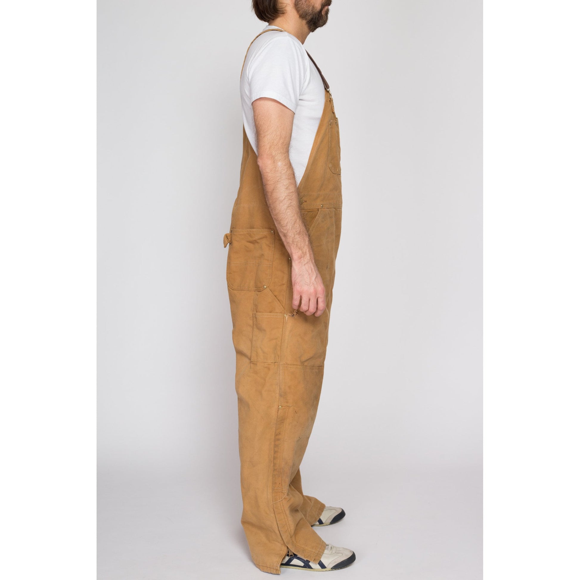 XL Vintage Carhartt Tan Insulated Overalls | 90s Quilt Lined Duck Canvas Workwear Jumpsuit