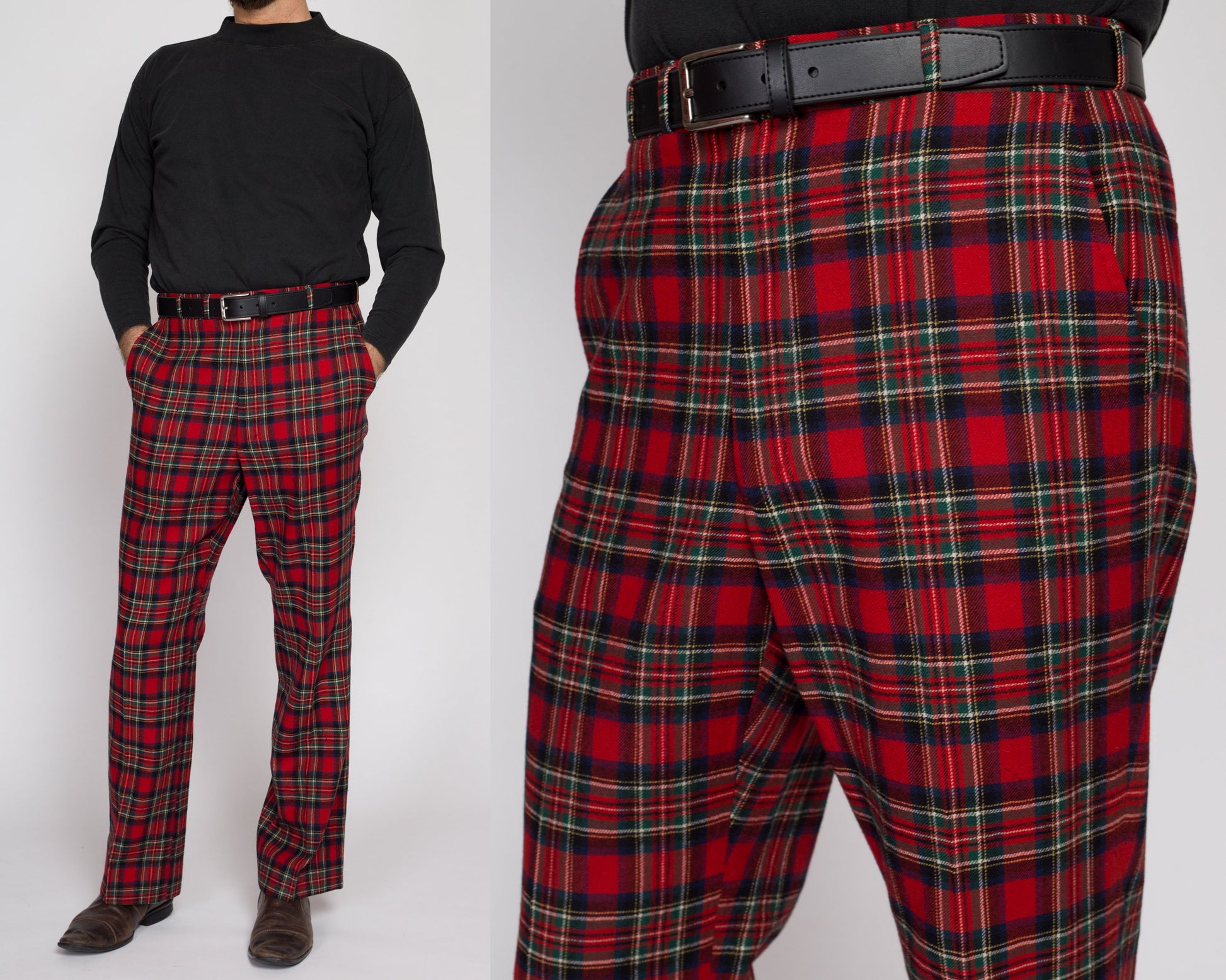 33" Waist 70s Red Plaid Wool Trousers | Retro Vintage Men's High Waisted Bootcut Pants