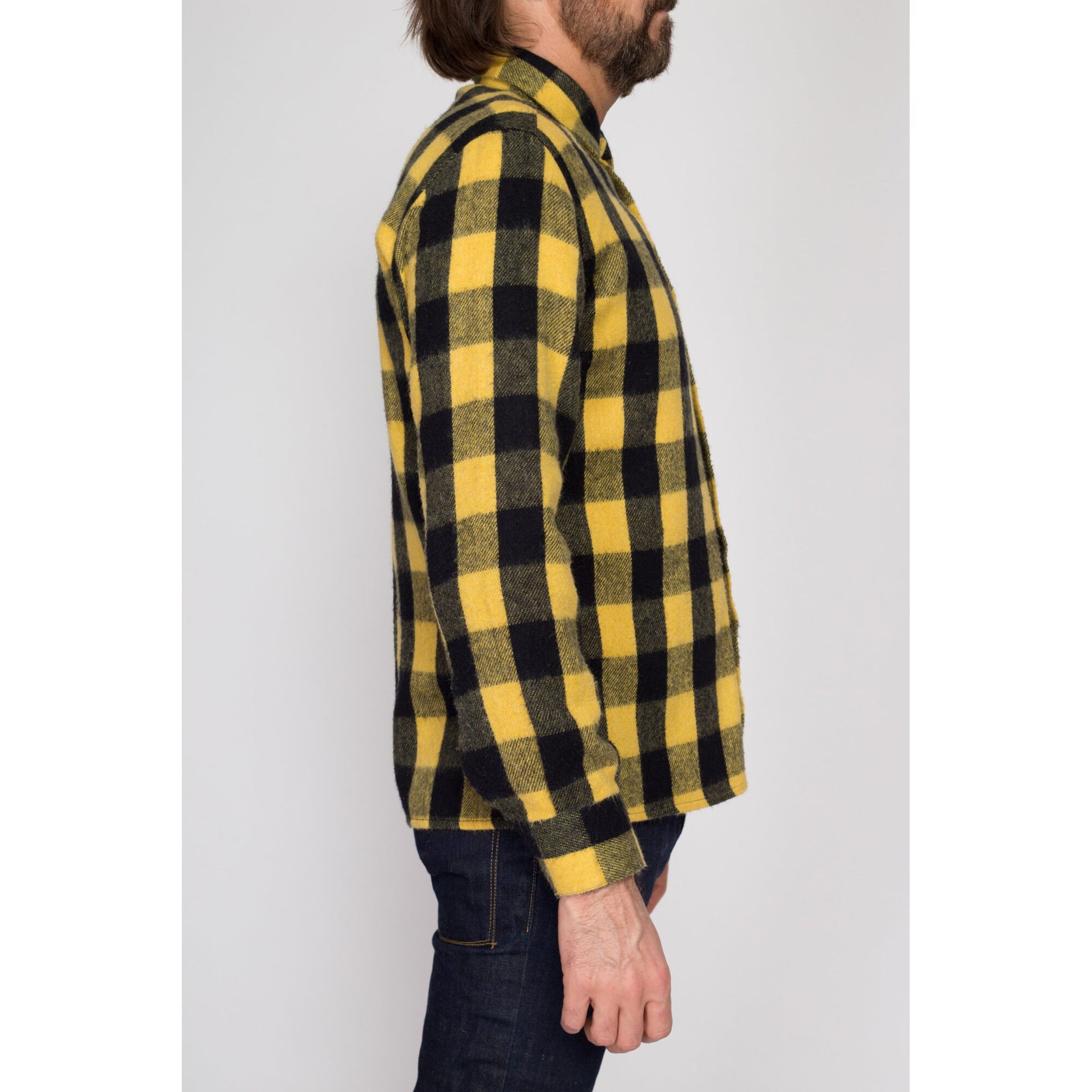 Small 70s Yellow Buffalo Plaid Flannel Shirt | Vintage Button Up Lumberjack Overshirt Shacket