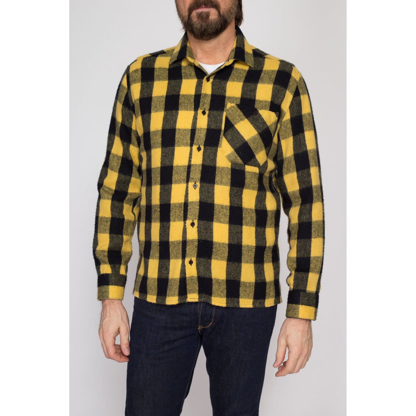 Small 70s Yellow Buffalo Plaid Flannel Shirt | Vintage Button Up Lumberjack Overshirt Shacket
