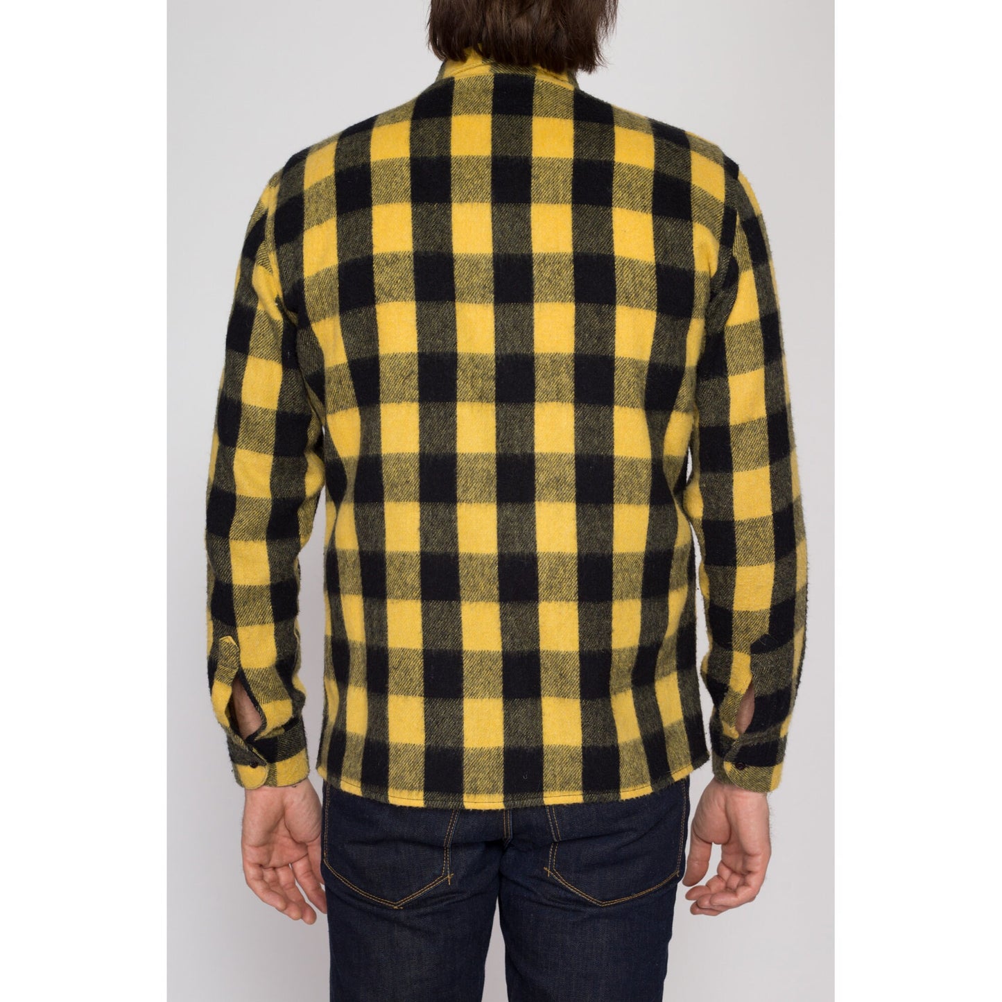 Small 70s Yellow Buffalo Plaid Flannel Shirt | Vintage Button Up Lumberjack Overshirt Shacket