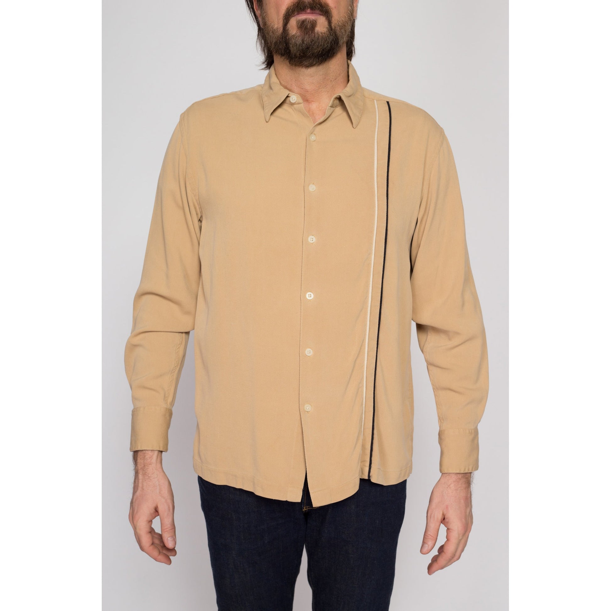 Medium 90s Geoffrey Beene Tan Ribbed Silk Shirt | Vintage Button Up Long Sleeve Collared Top