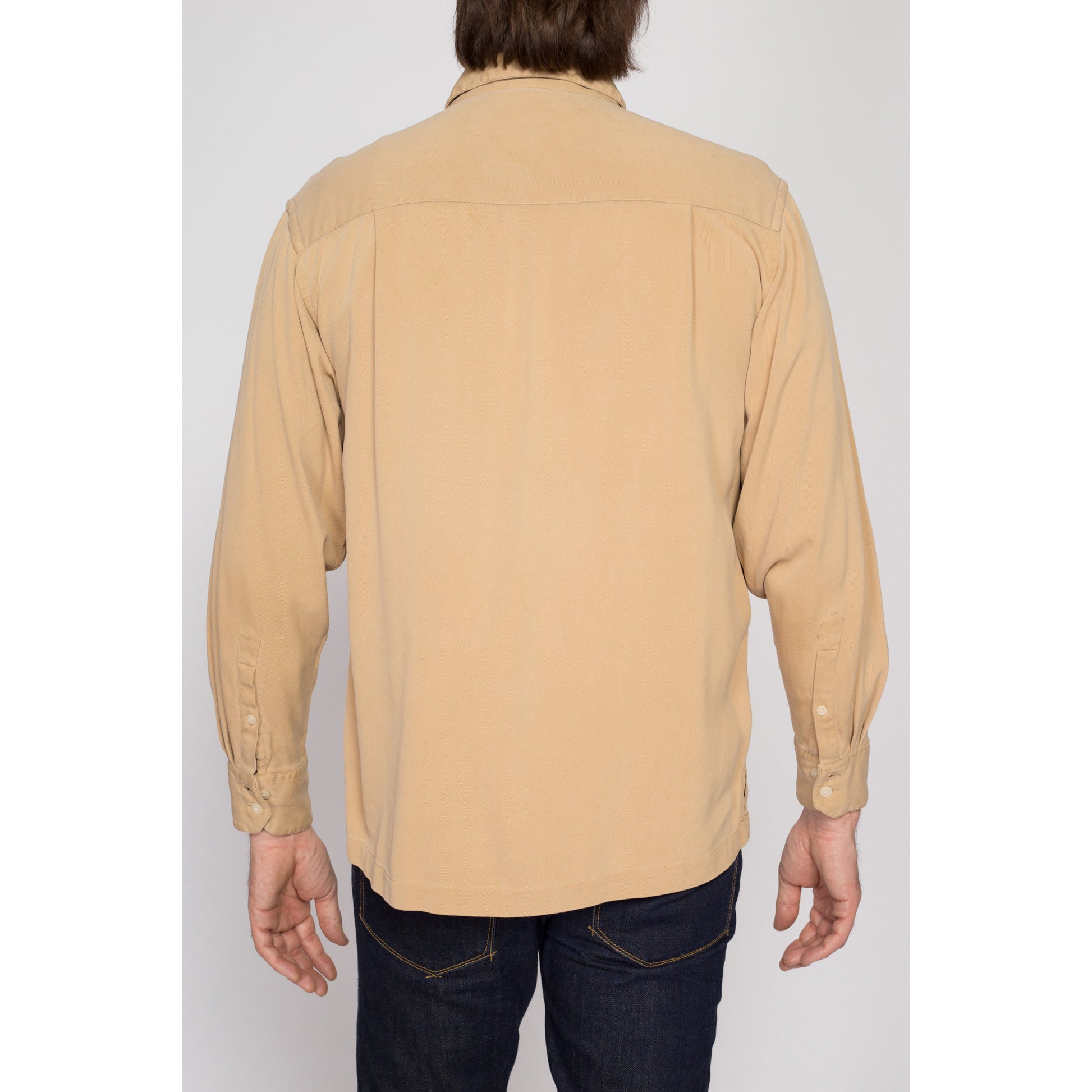 Medium 90s Geoffrey Beene Tan Ribbed Silk Shirt | Vintage Button Up Long Sleeve Collared Top