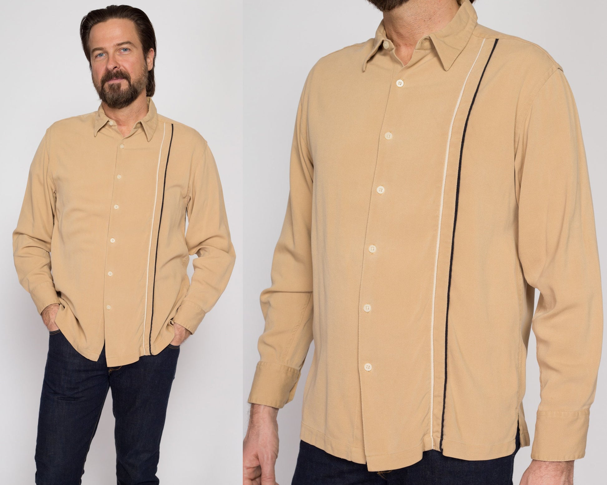 Medium 90s Geoffrey Beene Tan Ribbed Silk Shirt | Vintage Button Up Long Sleeve Collared Top