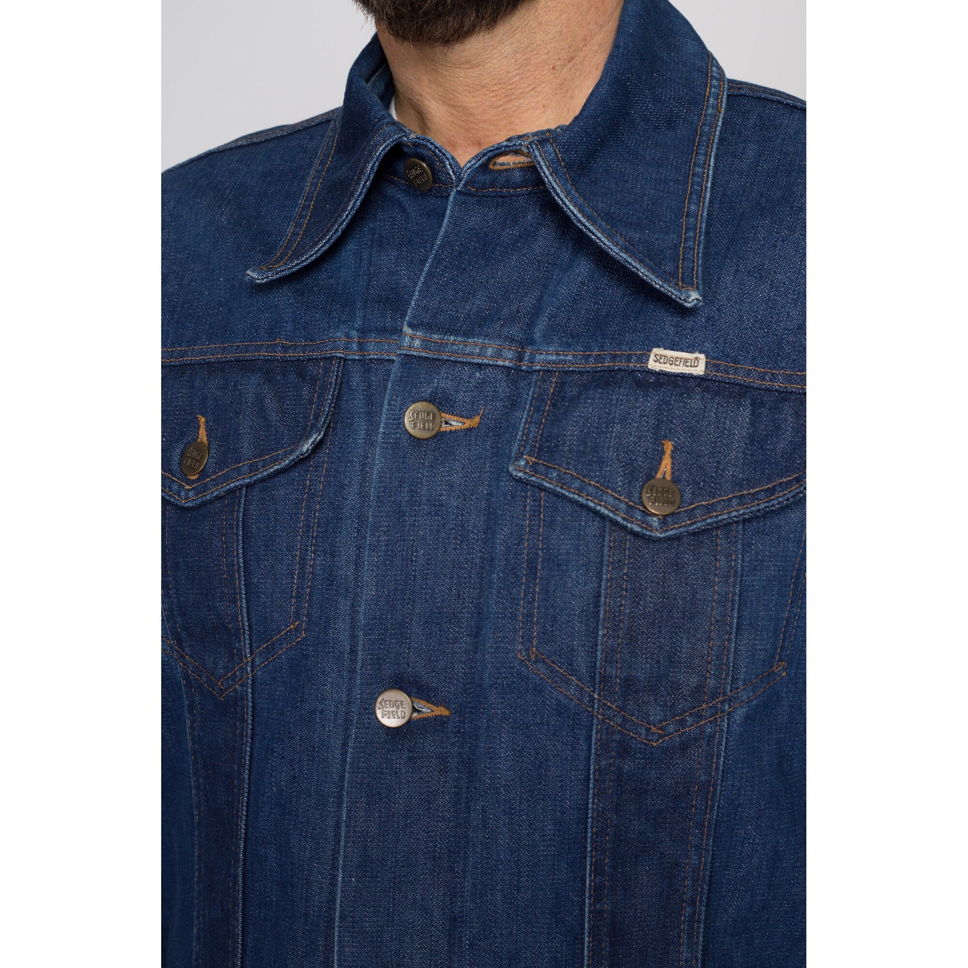 Large 70s Do-Nothing Sedgefield Jean Jacket | Vintage Dark Wash Denim Cropped Trucker Jacket