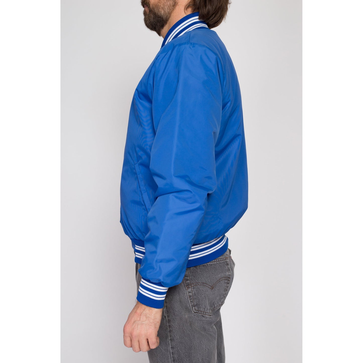 Medium 80s Blue Shearling Lined Varsity Jacket | Vintage Striped Snap Button Windbreaker Bomber