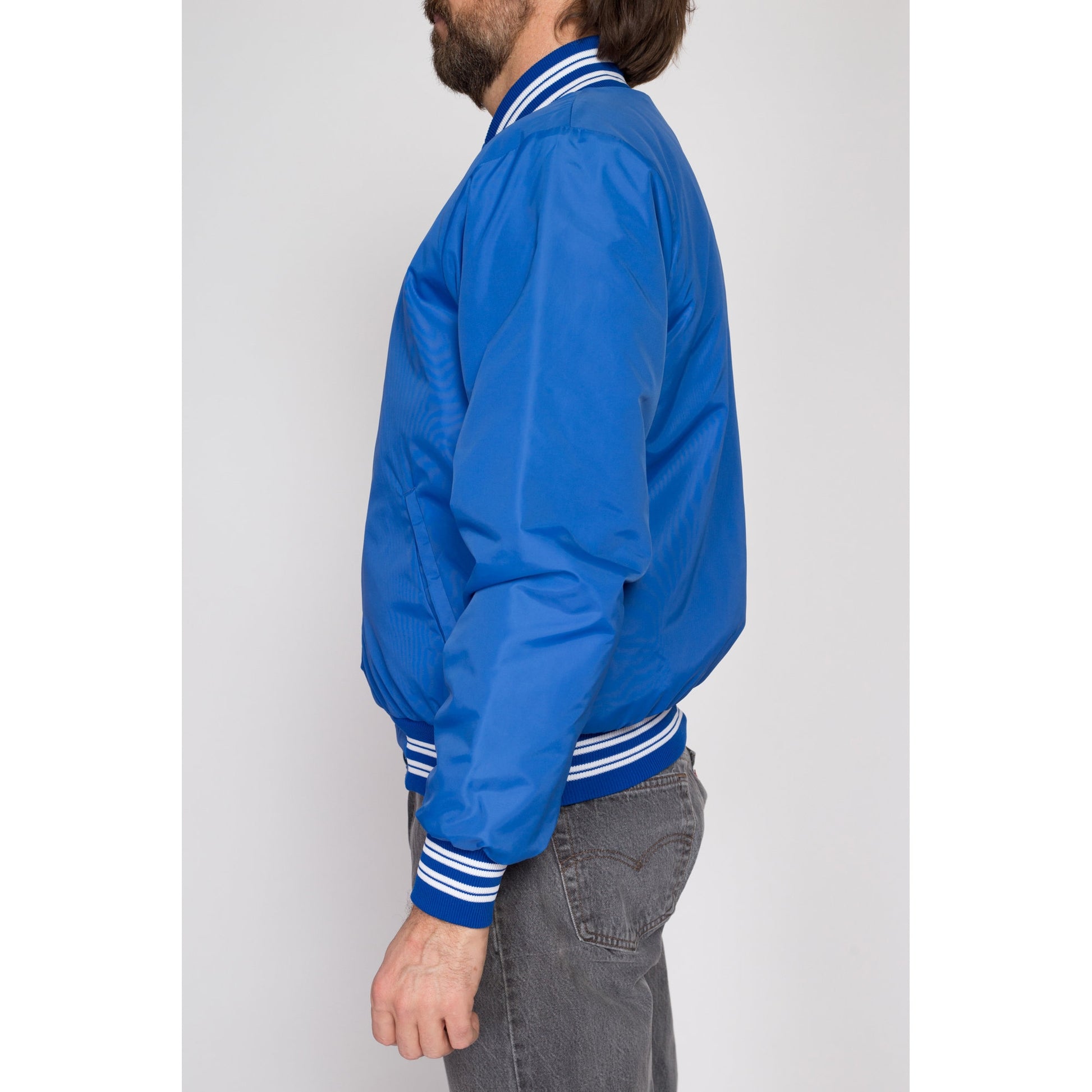 Medium 80s Blue Shearling Lined Varsity Jacket | Vintage Striped Snap Button Windbreaker Bomber