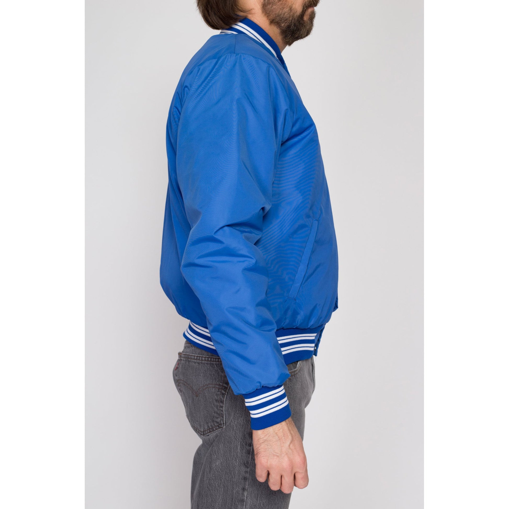 Medium 80s Blue Shearling Lined Varsity Jacket | Vintage Striped Snap Button Windbreaker Bomber