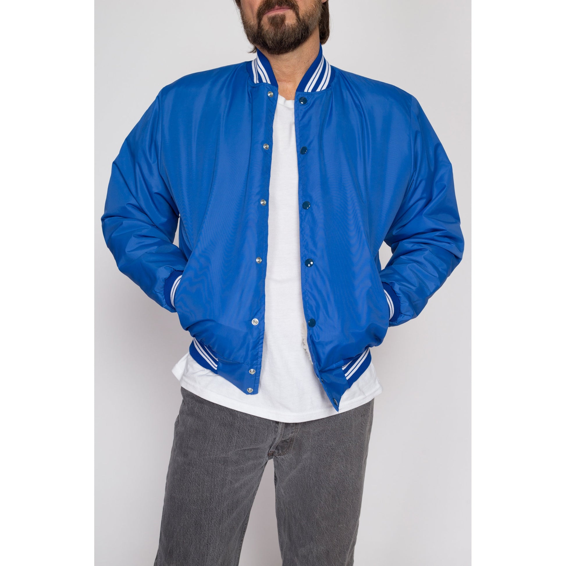 Medium 80s Blue Shearling Lined Varsity Jacket | Vintage Striped Snap Button Windbreaker Bomber