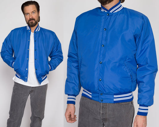 Medium 80s Blue Shearling Lined Varsity Jacket | Vintage Striped Snap Button Windbreaker Bomber