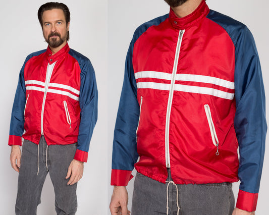 Medium 70s Red White Blue Satin Striped Windbreaker | Retro Vintage Lightweight Ring Zip Track Jacket