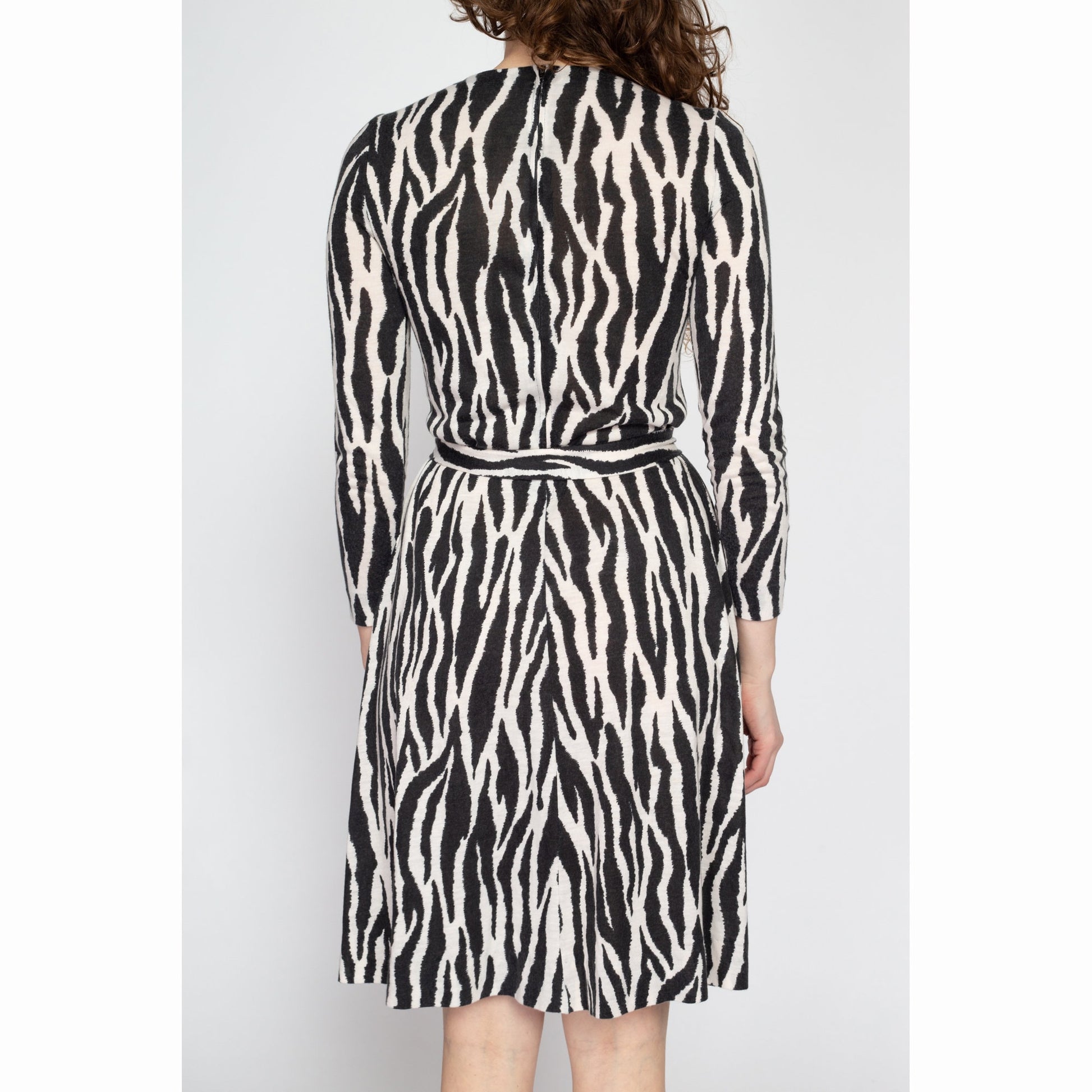 Small 80s Zebra Print Belted Dress | Vintage Black & White Animal Print Long Sleeve Mini Dress