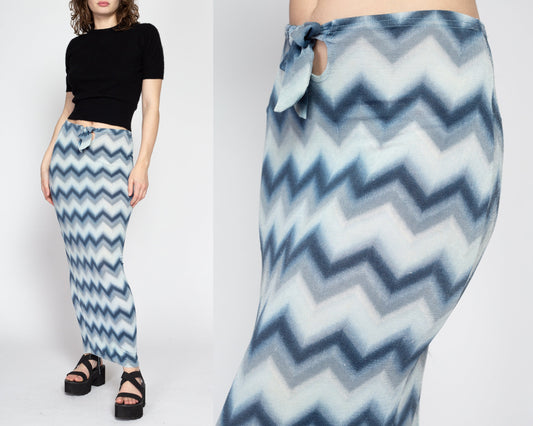 Medium 90s Blue Zig Zag Striped Maxi Skirt | Vintage High Waisted Keyhole Slinky Stretchy Skirt