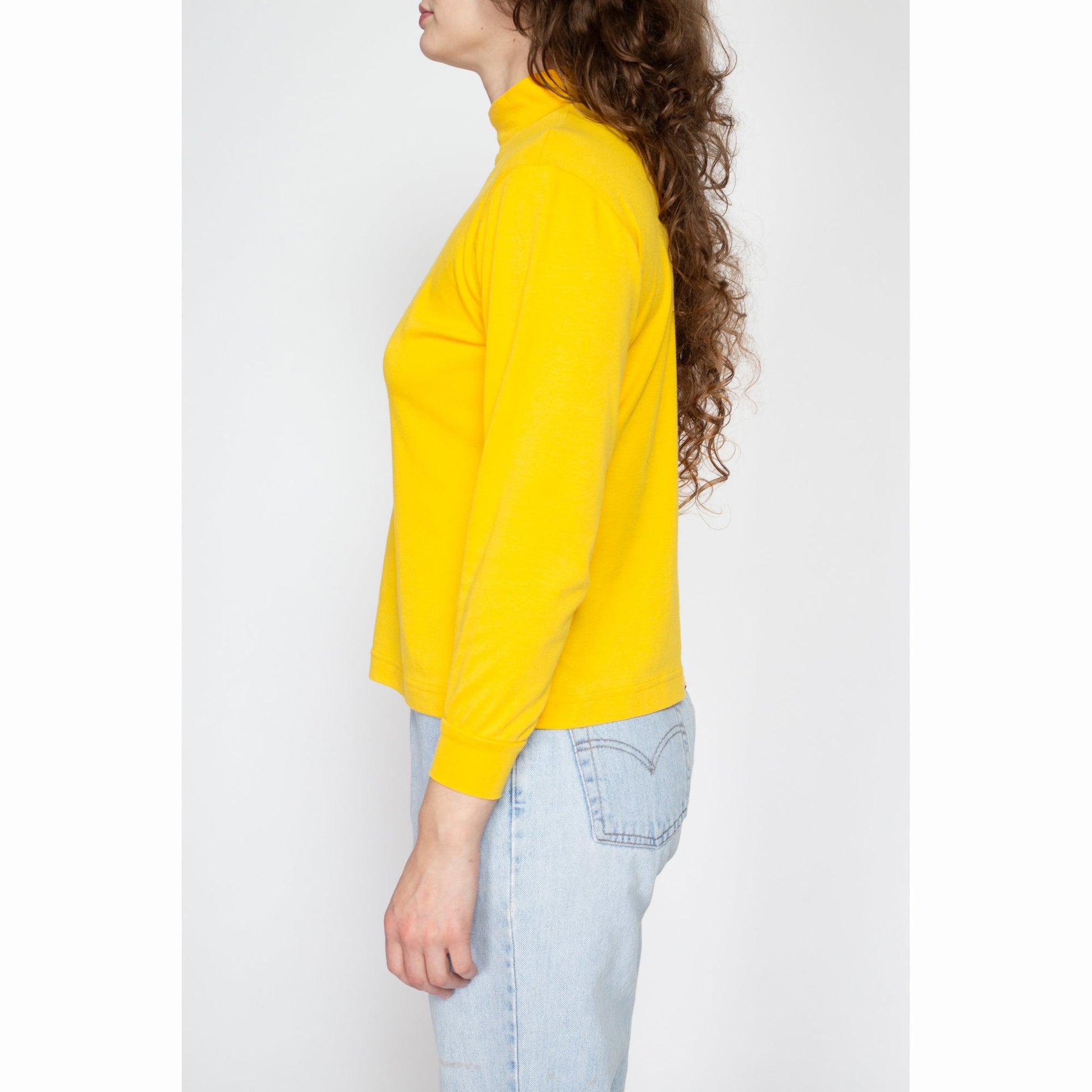 Small 70s Yellow Mockneck Top | Vintage Plain Long Sleeve Stretchy Shirt