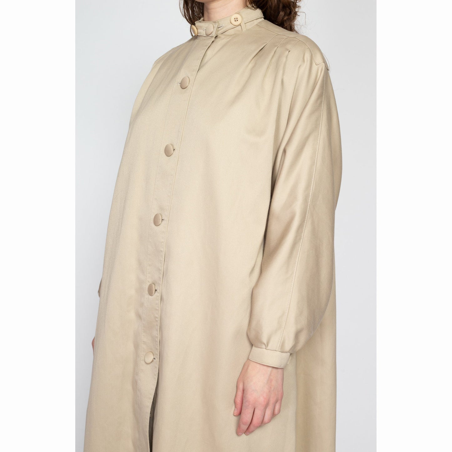 Large 80s Misty Harbor Khaki Tent Trench Coat | Vintage Minimalist Long Sleeve Button Up Midi Jacket