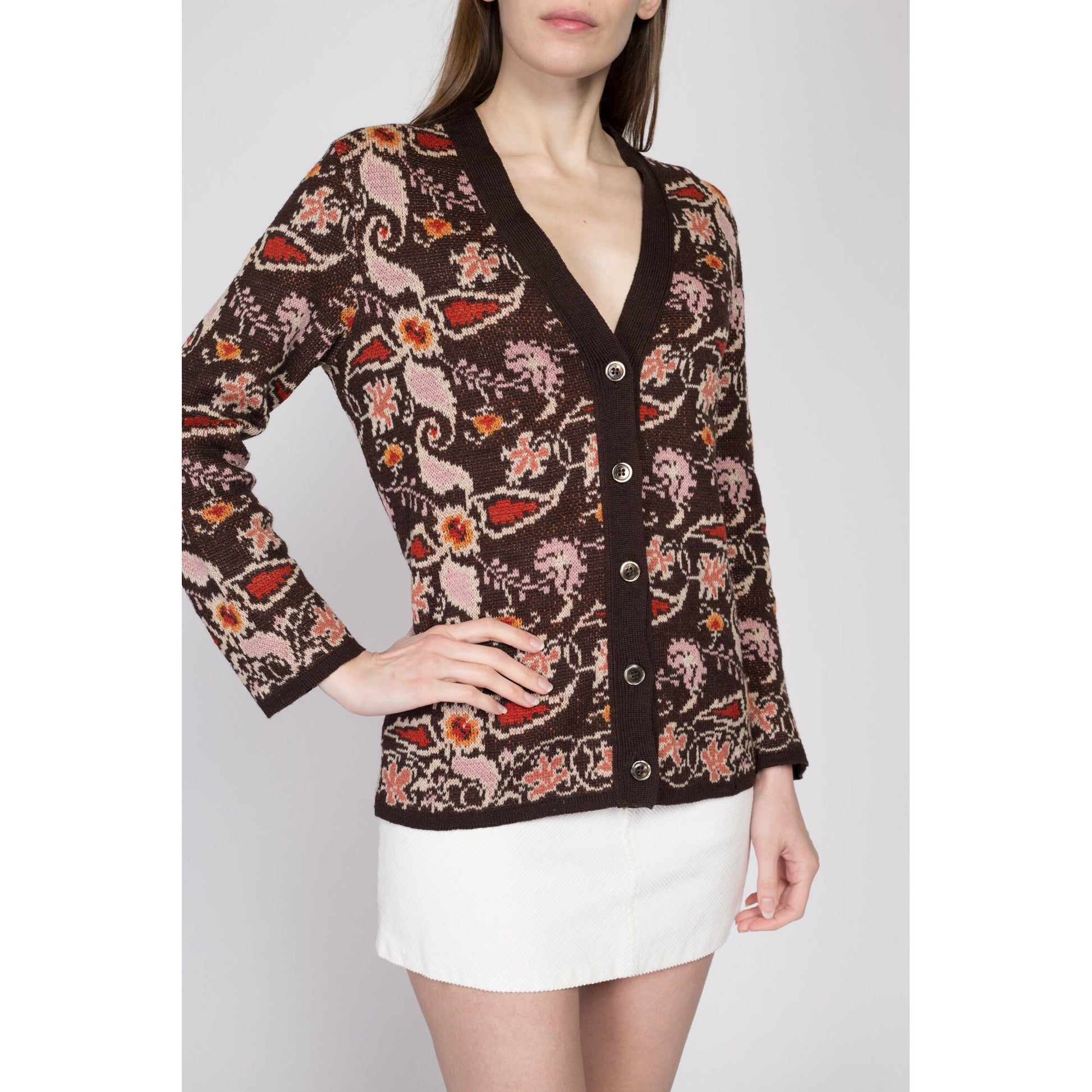 Small 70s Boho Earth Tone Floral Cardigan | Vintage Brown Button Up V Neck Sweater