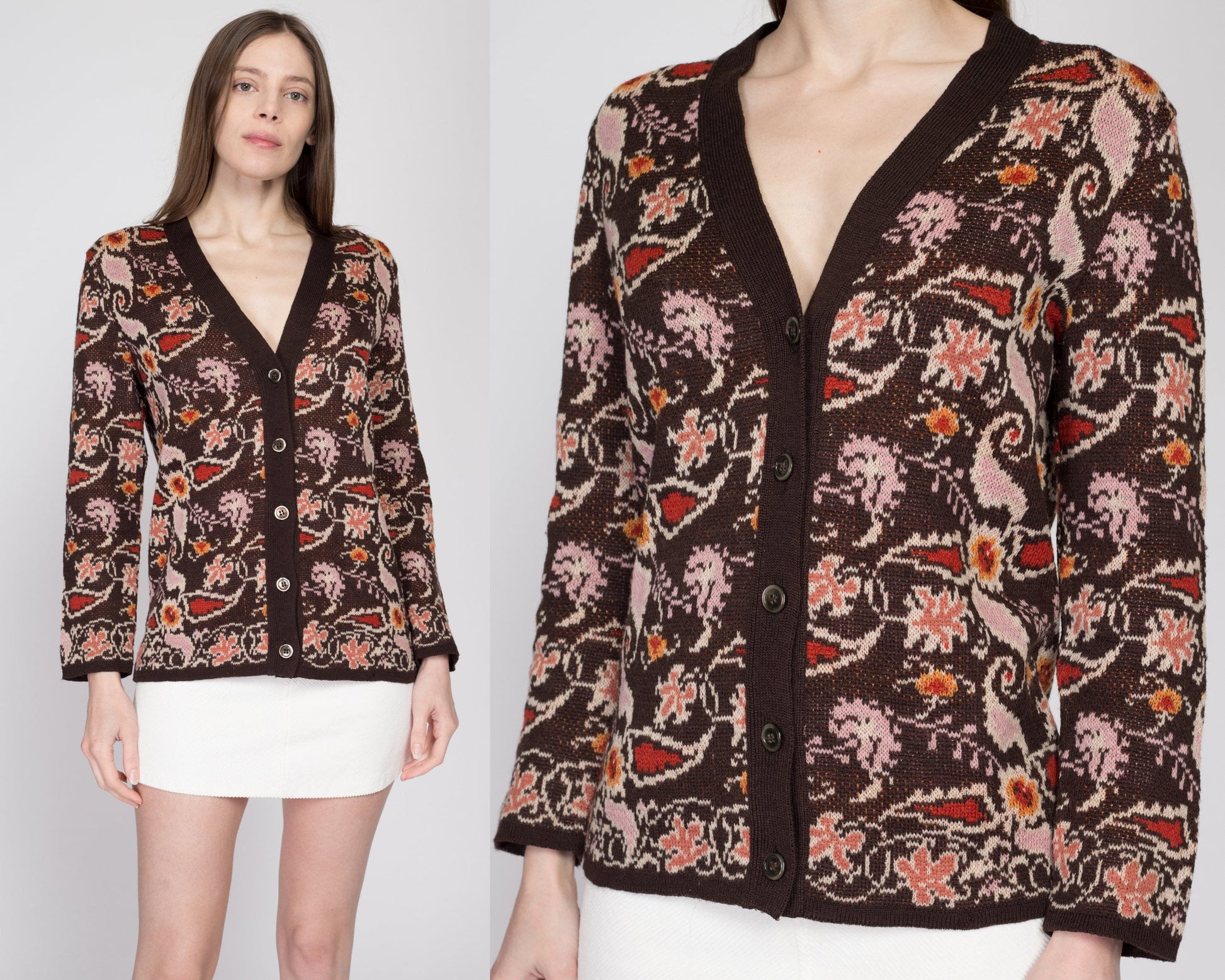 Small 70s Boho Earth Tone Floral Cardigan | Vintage Brown Button Up V Neck Sweater