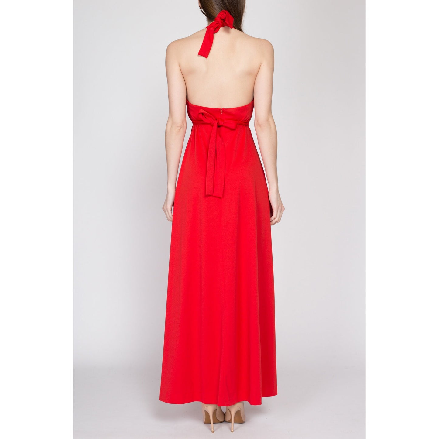 Sm 70s Red Crochet Halter Sundress | Vintage Act I Boho Backless Summer Hippie Maxi Dress
