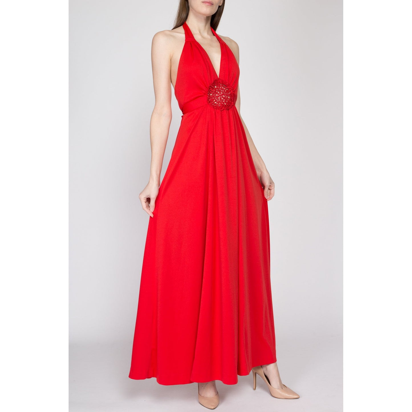 Sm 70s Red Crochet Halter Sundress | Vintage Act I Boho Backless Summer Hippie Maxi Dress