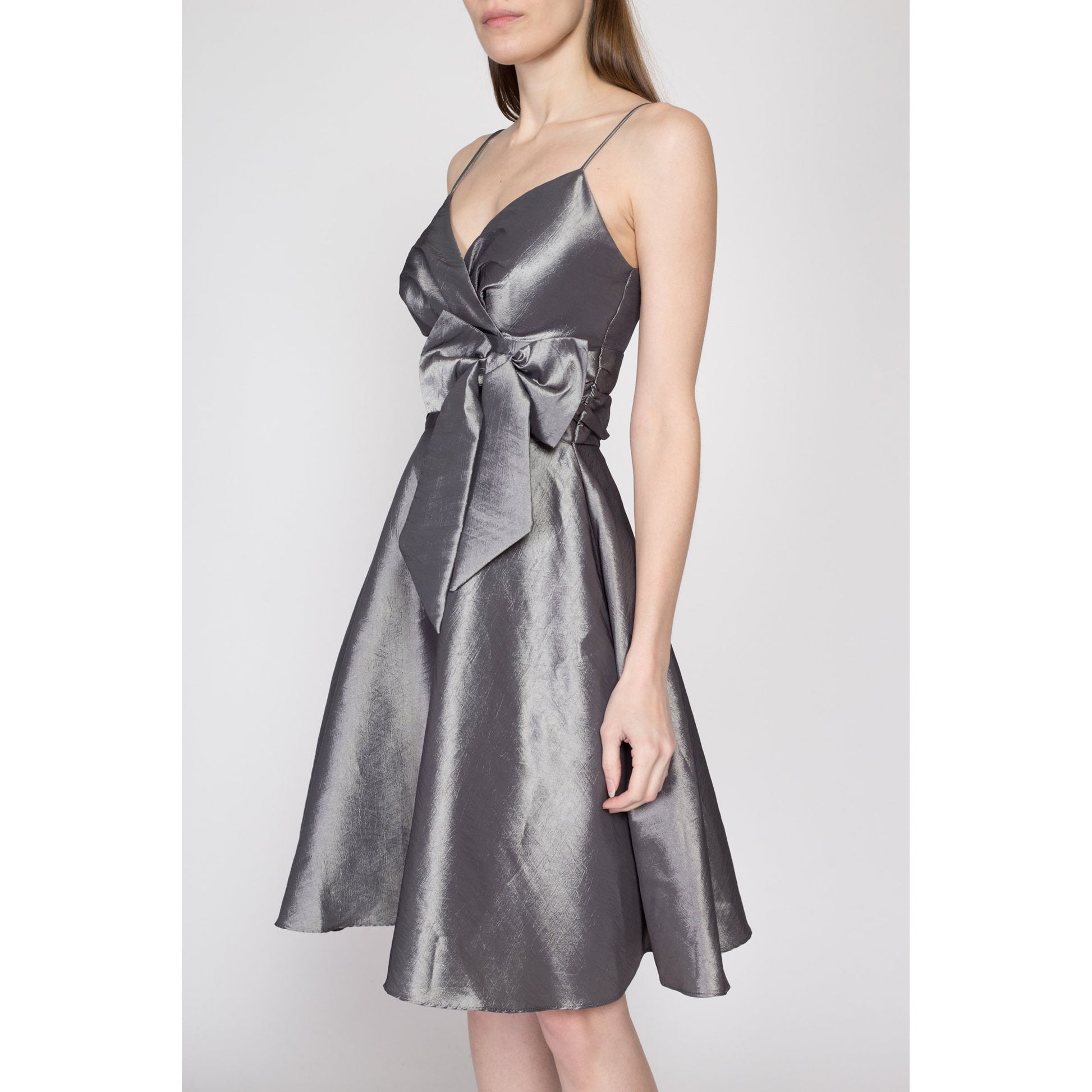 90s Y2K Silver Taffeta Fit & Flare Party Dress - Extra Small to Small 90s Y2K Silver Taffeta Fit & Flare Party Dress - Extra Small to Small