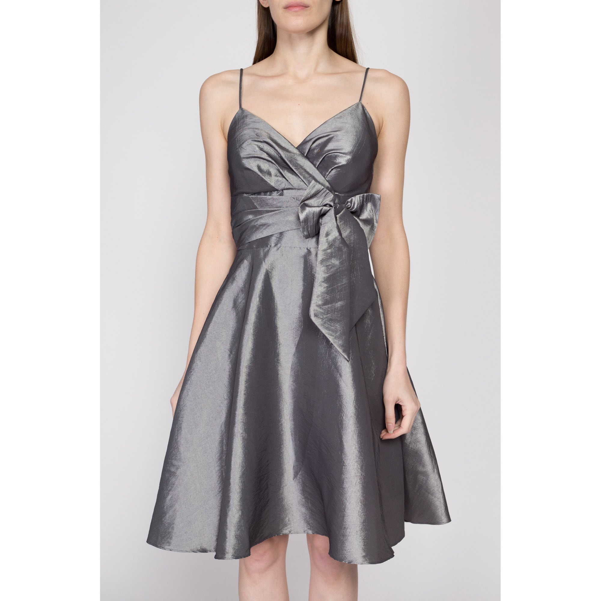 XS Sm 90s Y2K Silver Taffeta Fit Flare Party Dress Flying Apple Vintage