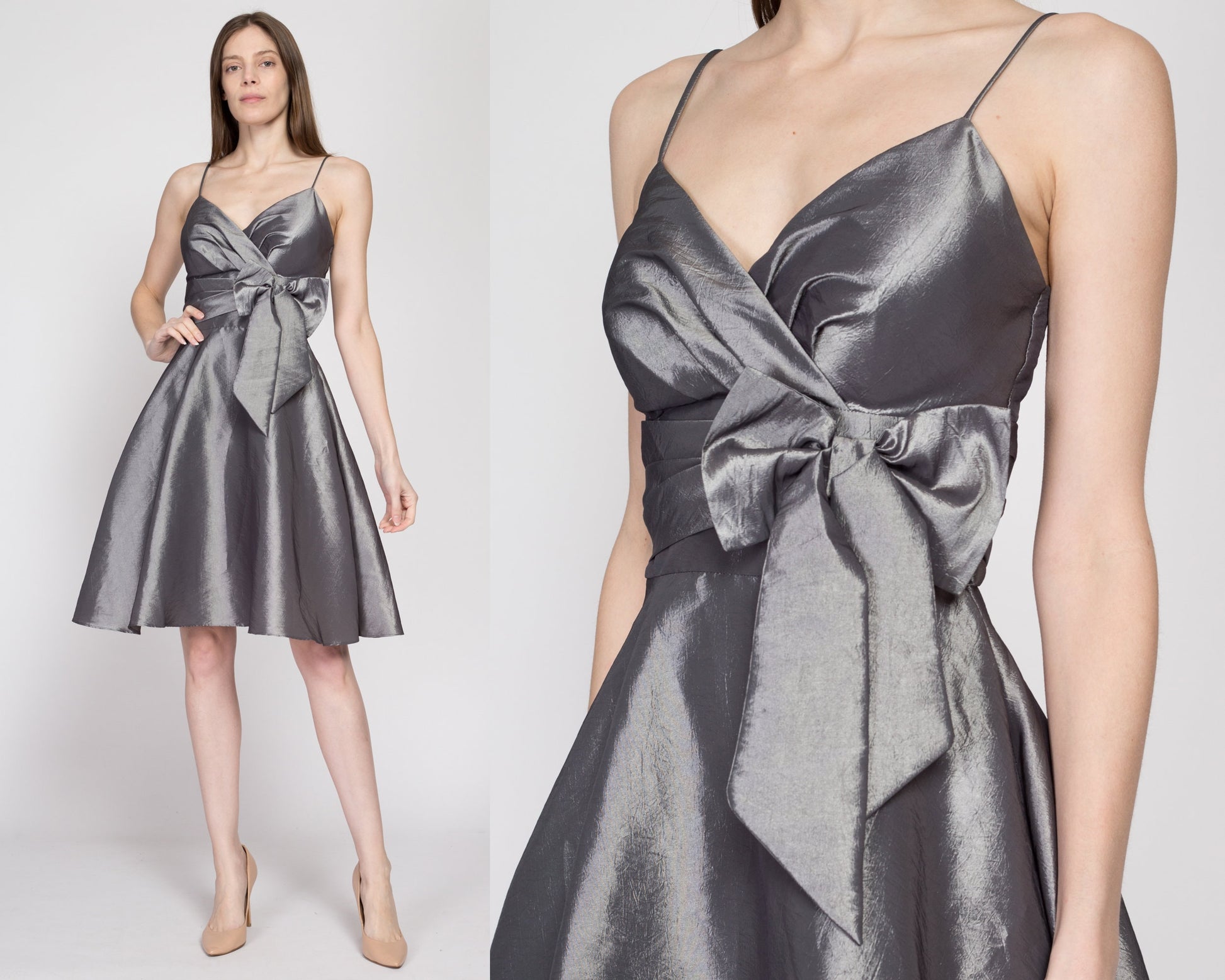 90s Y2K Silver Taffeta Fit & Flare Party Dress - Extra Small to Small 90s Y2K Silver Taffeta Fit & Flare Party Dress - Extra Small to Small