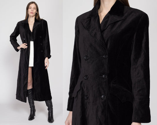 Medium 90s Minimalist Black Velvet Maxi Coat | Vintage Long Double Breasted Trench Jacket