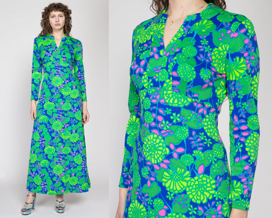 Small 70s Keram New York Psychedelic Floral Maxi Dress | Vintage Green Blue Neon Long Sleeve Disco Party Dress
