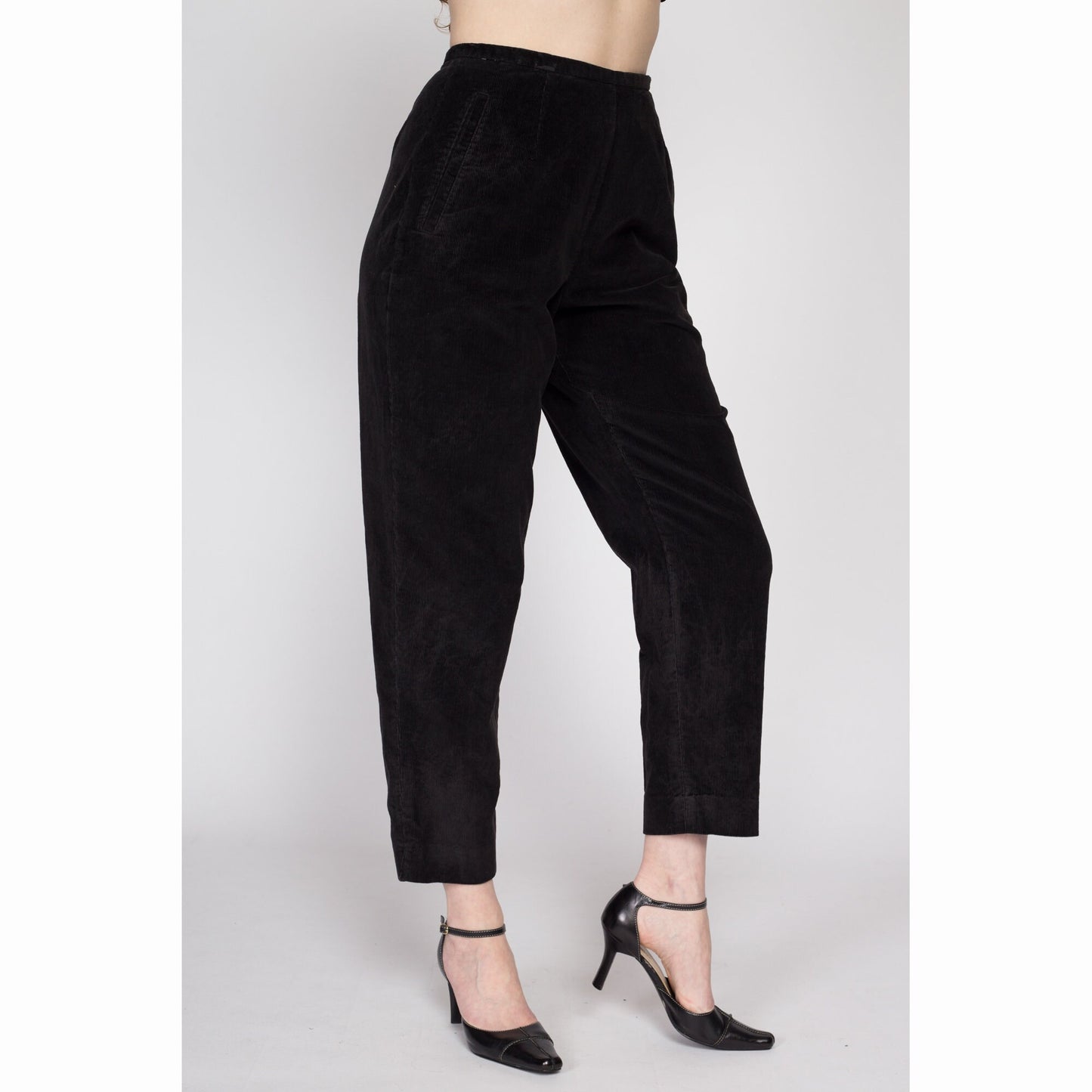 Small 80s Black Corduroy High Waisted Side Zip Pants 26" | Vintage LL Bean Petite Tapered Leg Trousers