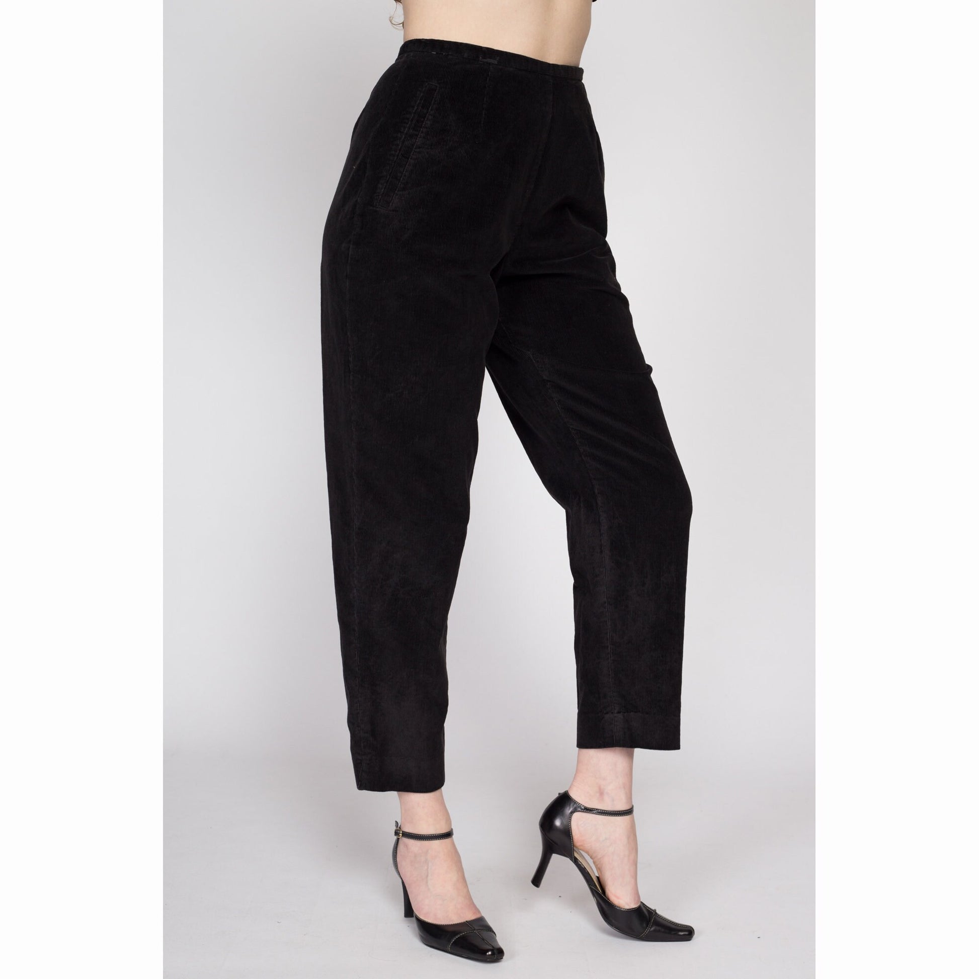 Small 80s Black Corduroy High Waisted Side Zip Pants 26" | Vintage LL Bean Petite Tapered Leg Trousers