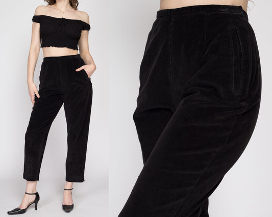 Small 80s Black Corduroy High Waisted Side Zip Pants 26" | Vintage LL Bean Petite Tapered Leg Trousers