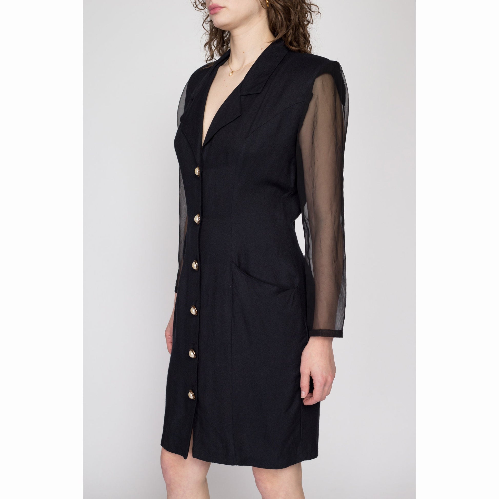 Medium 80s Black Sheer Sleeve Secretary Dress | Vintage Button Front Long Sleeve Knee Length Sheath Dress