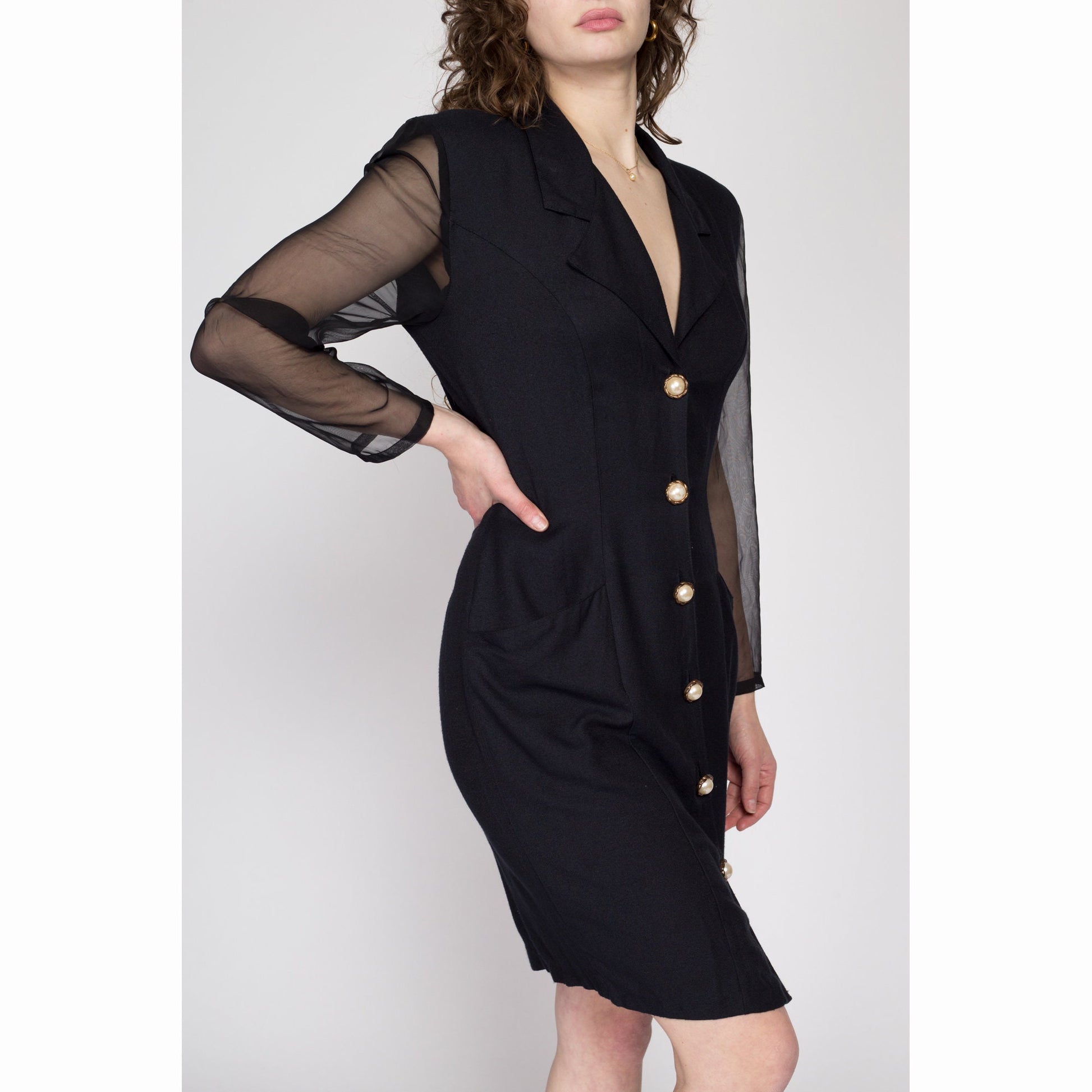Medium 80s Black Sheer Sleeve Secretary Dress | Vintage Button Front Long Sleeve Knee Length Sheath Dress