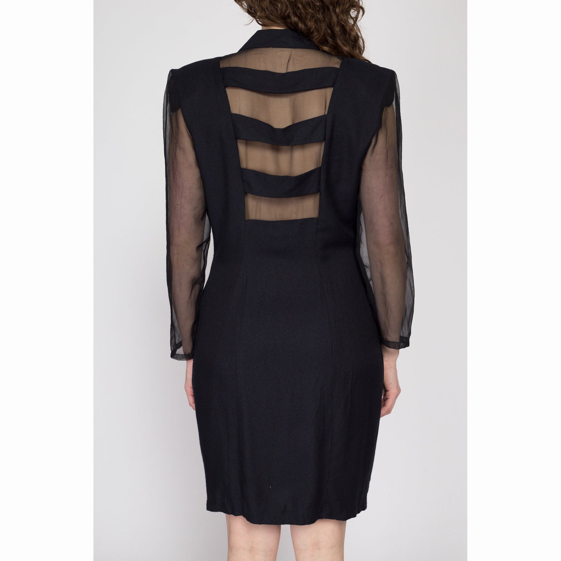 Medium 80s Black Sheer Sleeve Secretary Dress | Vintage Button Front Long Sleeve Knee Length Sheath Dress