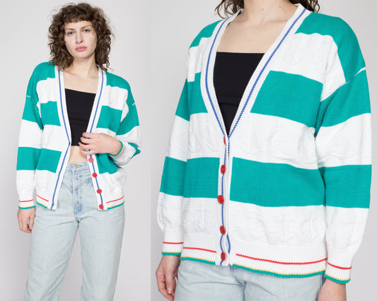 Large 80s Nautical Teal & White Striped Cardigan | Vintage Cotton Novelty Knit Anchor Motif Button Up Sweater