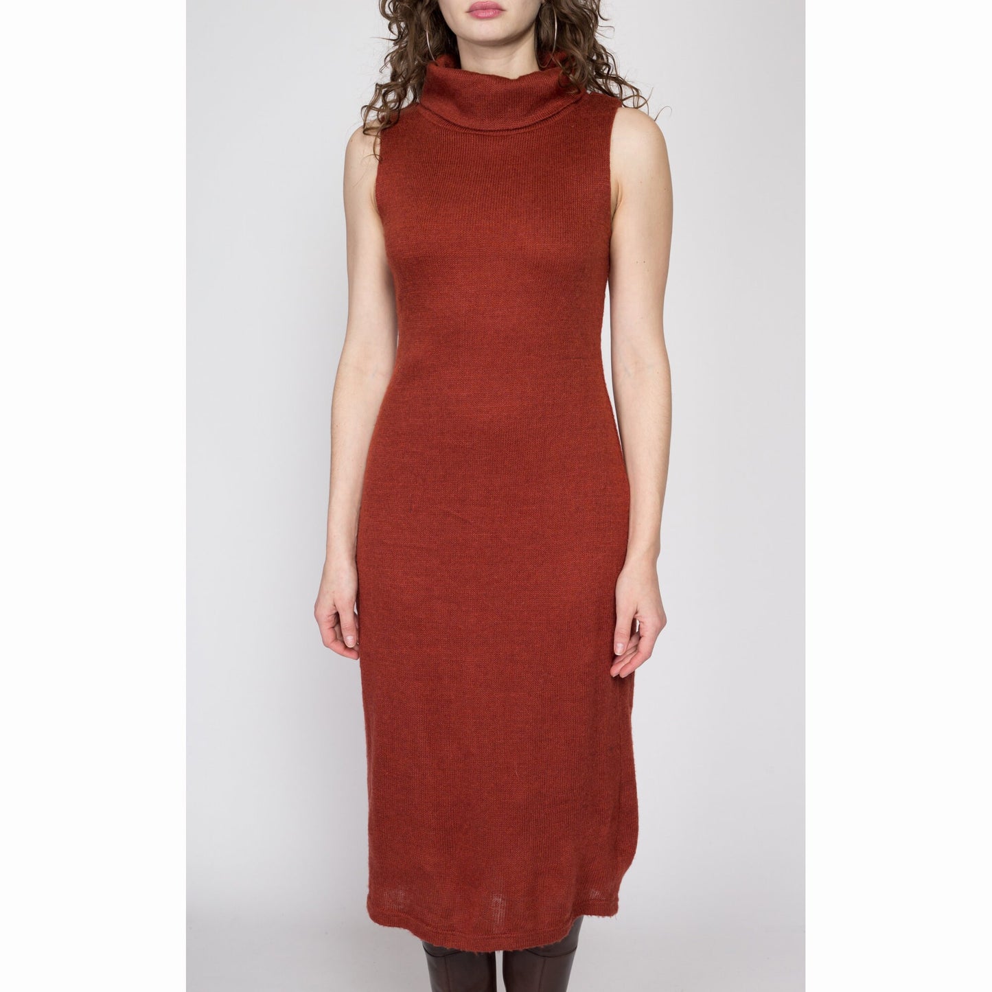 Medium 80s Burnt Orange Knit Turtleneck Sweater Dress | Vintage Sleeveless Collared Midi Dress