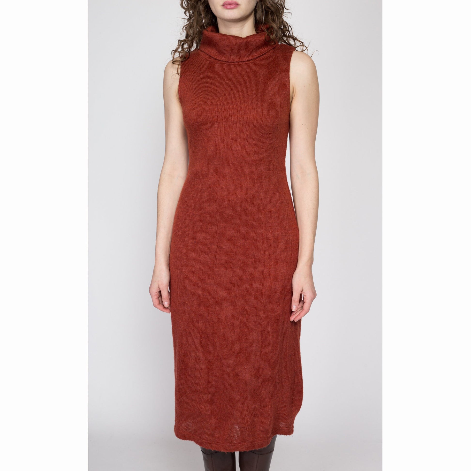 Medium 80s Burnt Orange Knit Turtleneck Sweater Dress | Vintage Sleeveless Collared Midi Dress