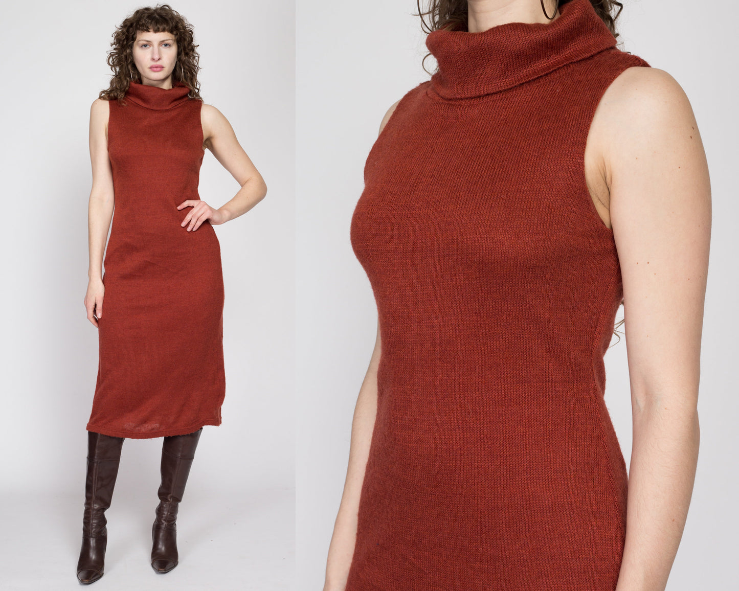 Medium 80s Burnt Orange Knit Turtleneck Sweater Dress | Vintage Sleeveless Collared Midi Dress