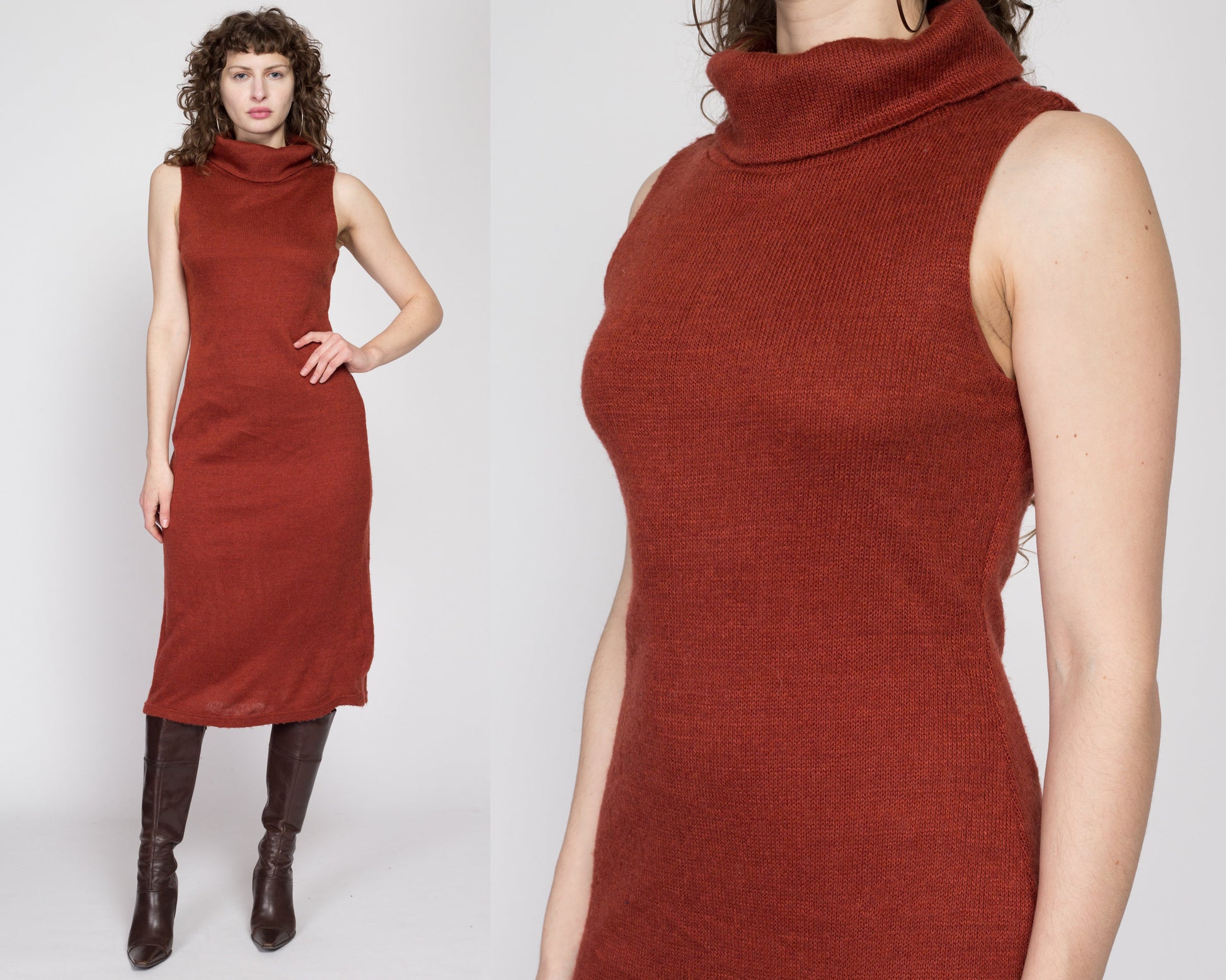 Medium 80s Burnt Orange Knit Turtleneck Sweater Dress | Vintage Sleeveless Collared Midi Dress
