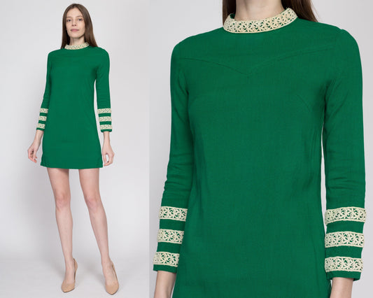 XS 60s Green & White Lace Trim Mini Dress | Vintage Retro Long Sleeve A Line Holiday Party Dress