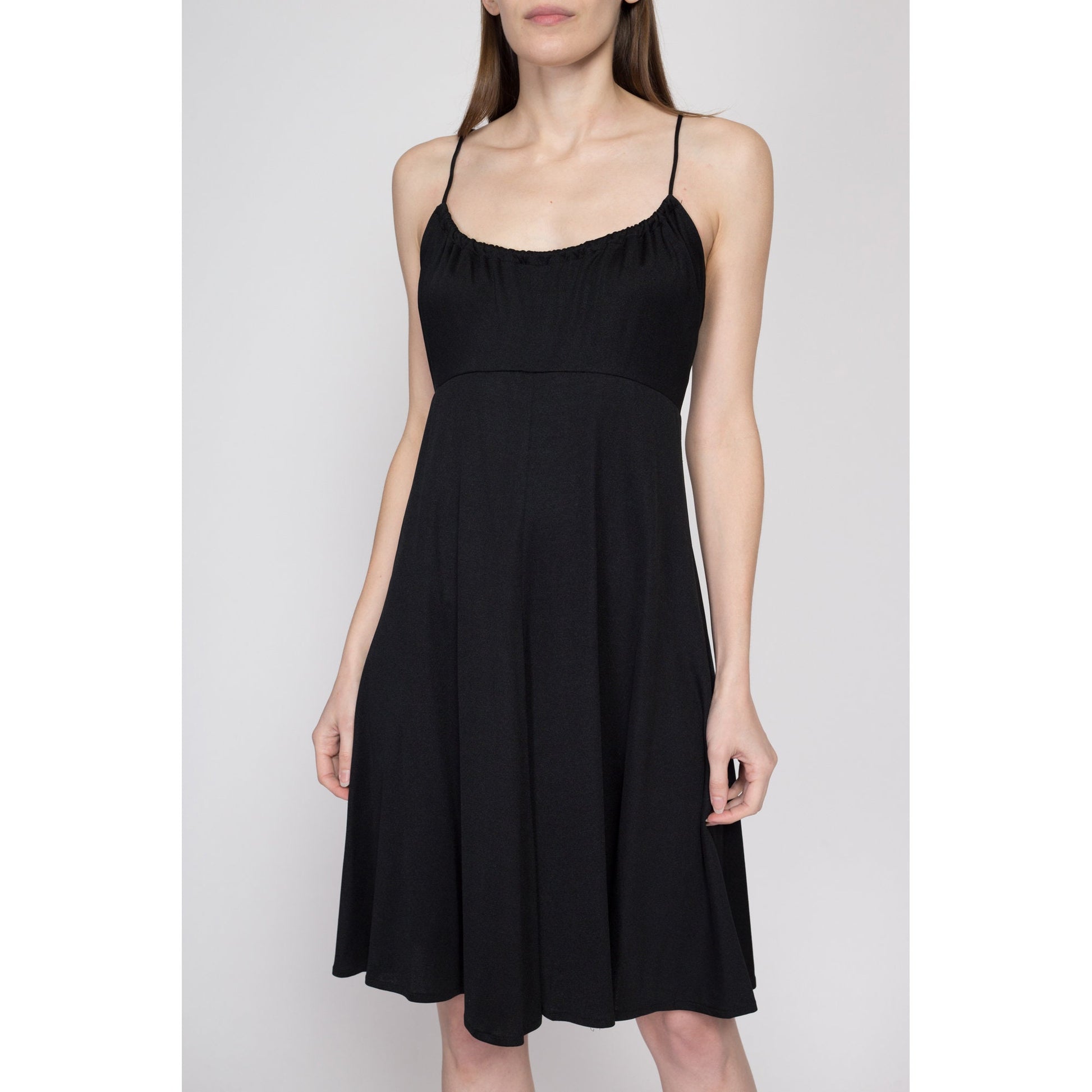 Medium 70s Black Cross Back Sundress | Vintage Criss Cross Strap Fit Flare Backless Mini Midi Dress