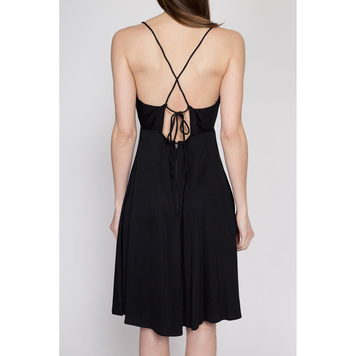 Medium 70s Black Cross Back Sundress | Vintage Criss Cross Strap Fit Flare Backless Mini Midi Dress