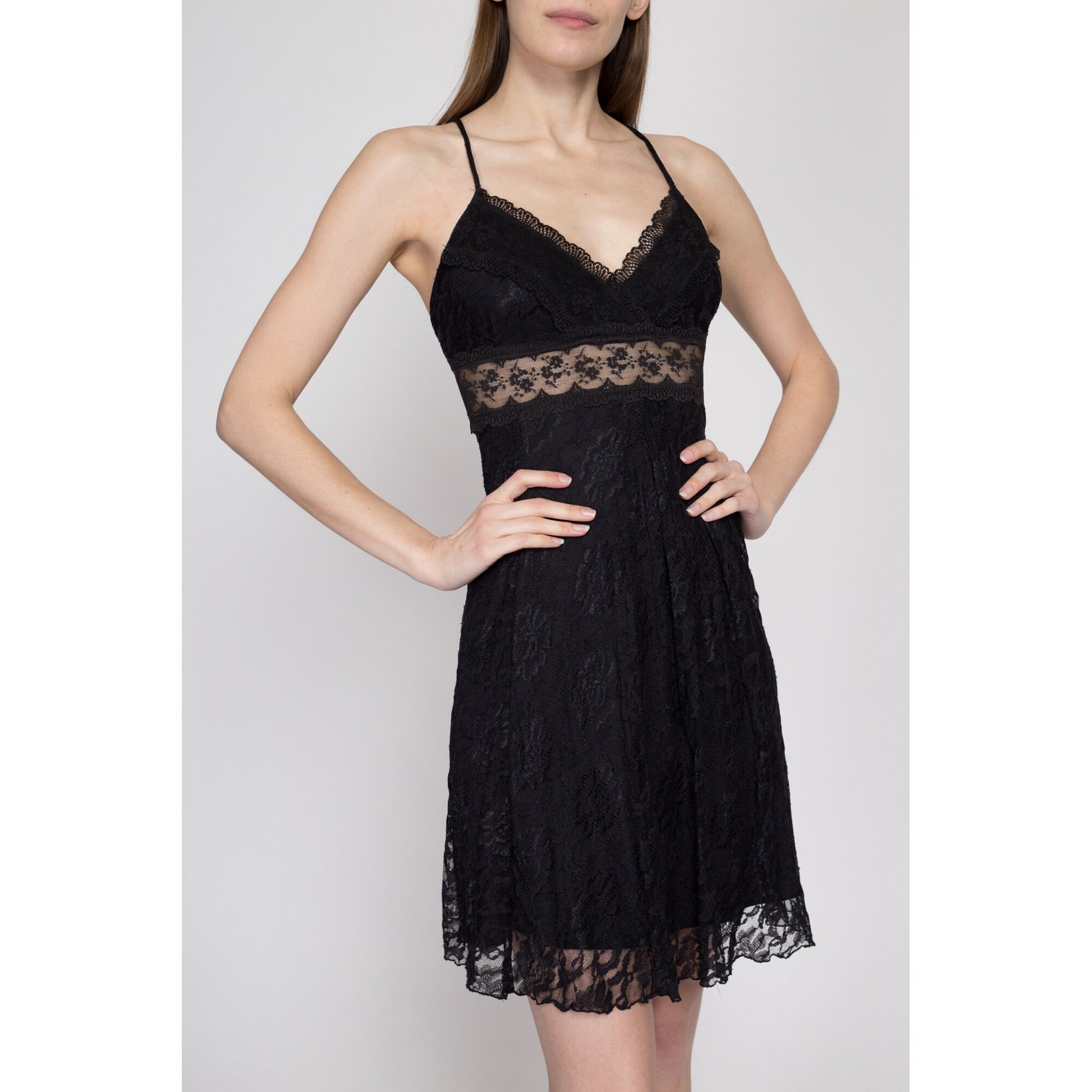 90s Y2k Black Lace Sheer Waist Mini Dress - Extra Small 90s Y2k Black Lace Sheer Waist Mini Dress - Extra Small