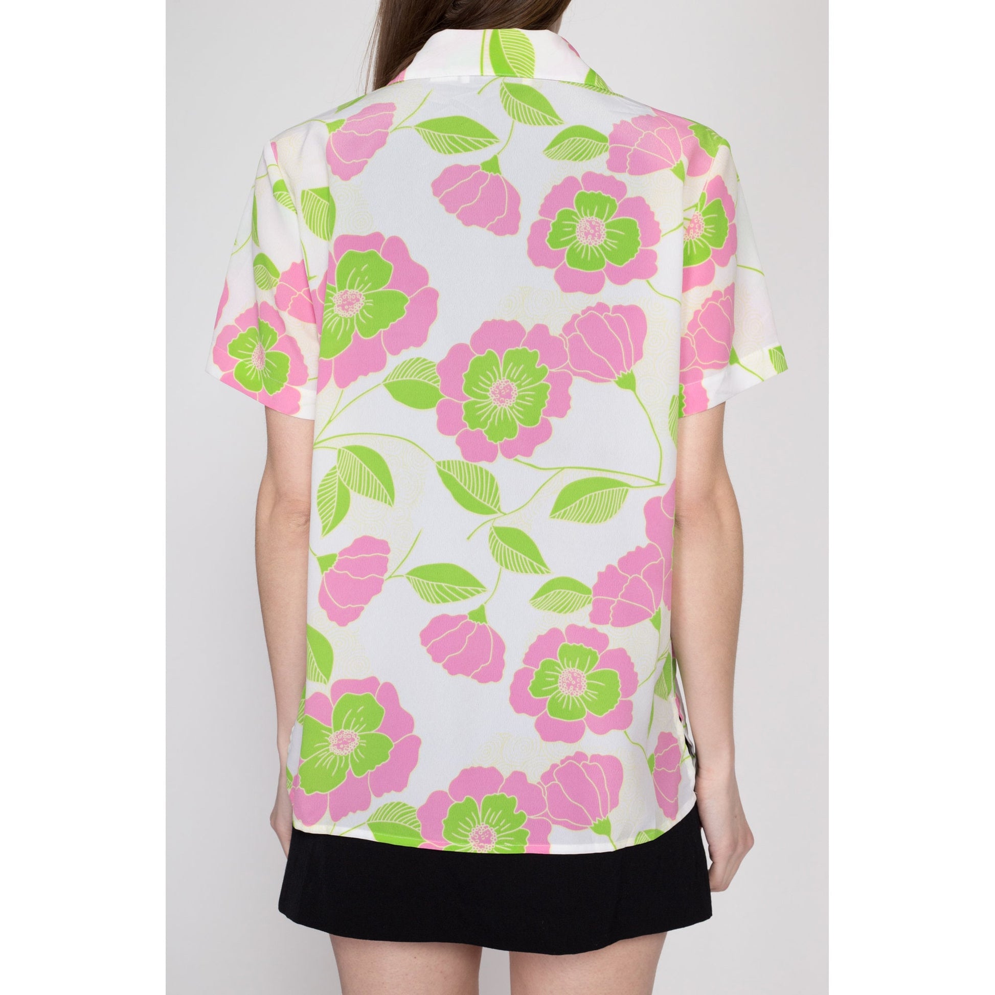 Small 80s Retro White Floral Top | Vintage Hawaiian Flower Print Short Sleeve Boho Blouse