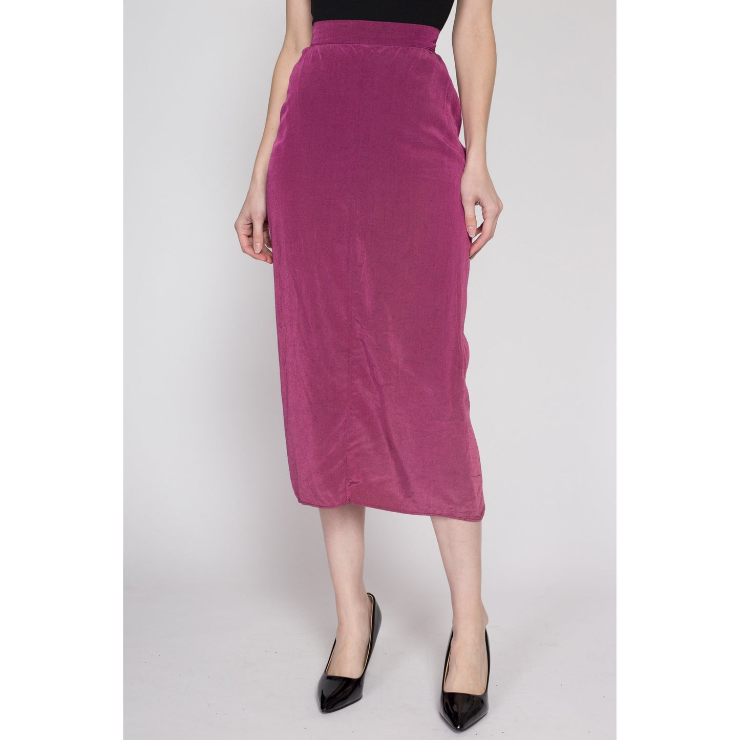 XS 80s Fuchsia Midi Bustle Skirt 24.5" | Vintage High Waisted Purple Fitted Ruched Wiggle Skirt