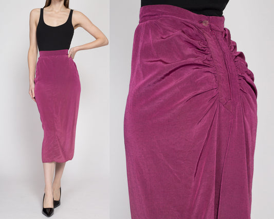 XS 80s Fuchsia Midi Bustle Skirt 24.5" | Vintage High Waisted Purple Fitted Ruched Wiggle Skirt