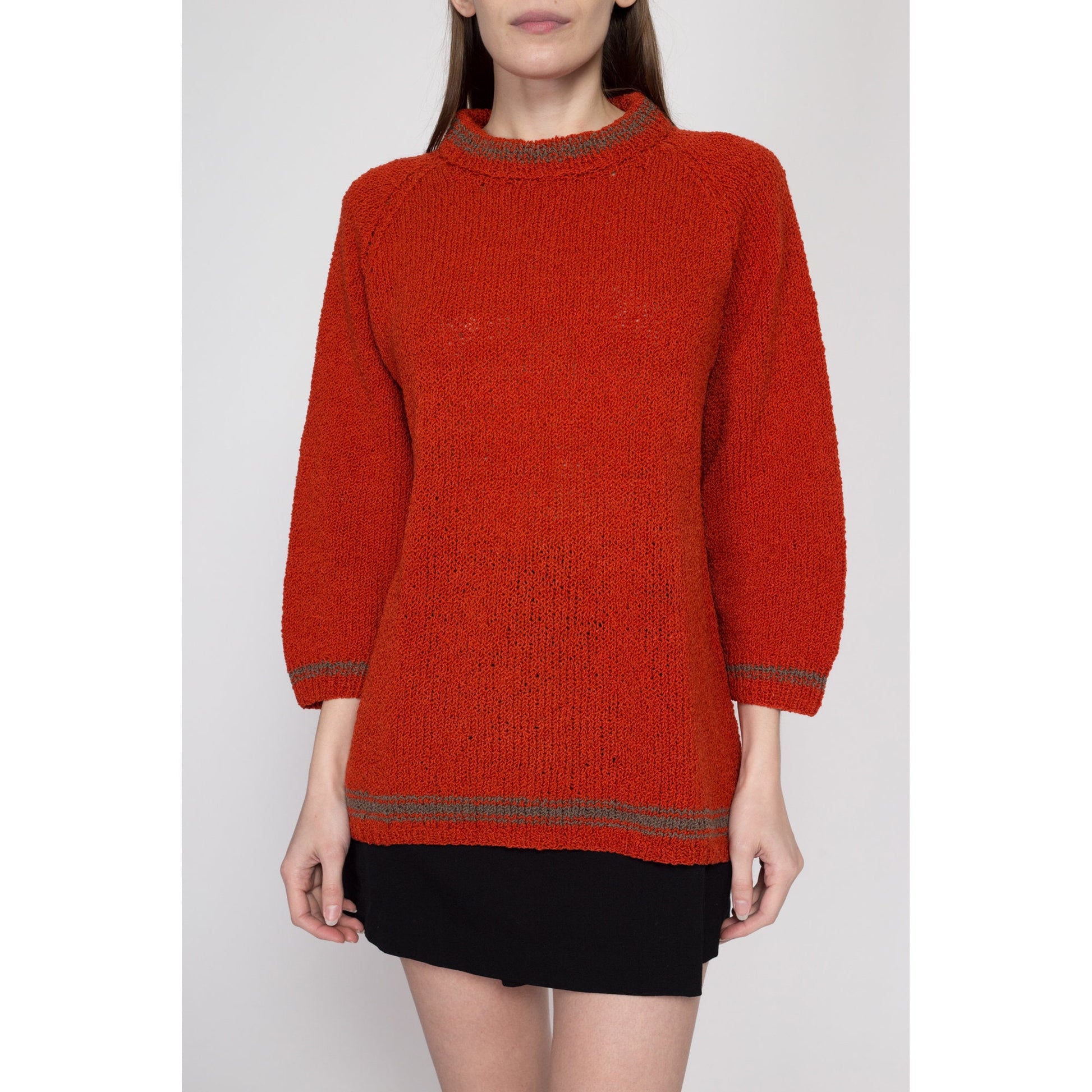 Large 70s Rust Red Funnel Neck Sweater | Vintage Knit Striped Trim Long Pullover Jumper