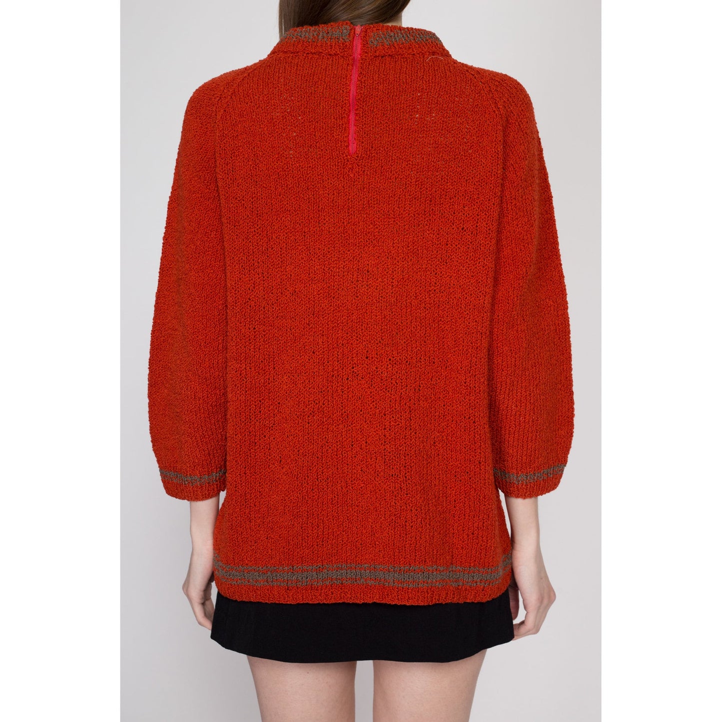 Large 70s Rust Red Funnel Neck Sweater | Vintage Knit Striped Trim Long Pullover Jumper