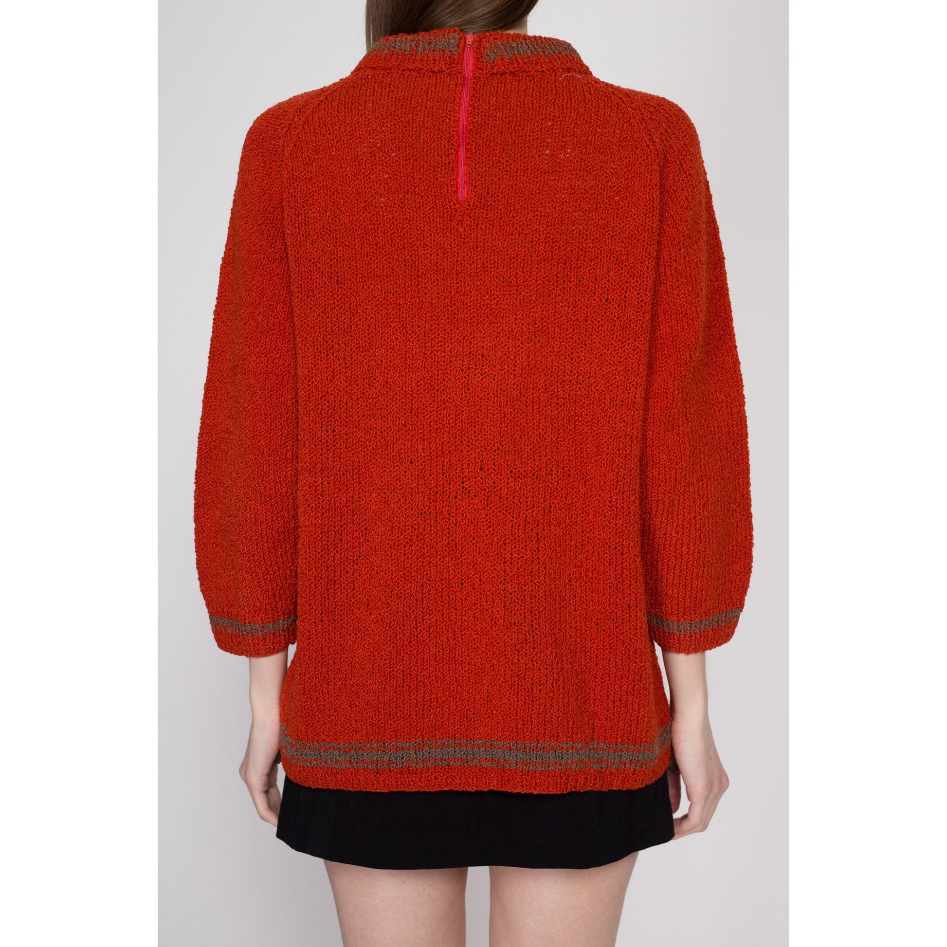 Large 70s Rust Red Funnel Neck Sweater | Vintage Knit Striped Trim Long Pullover Jumper